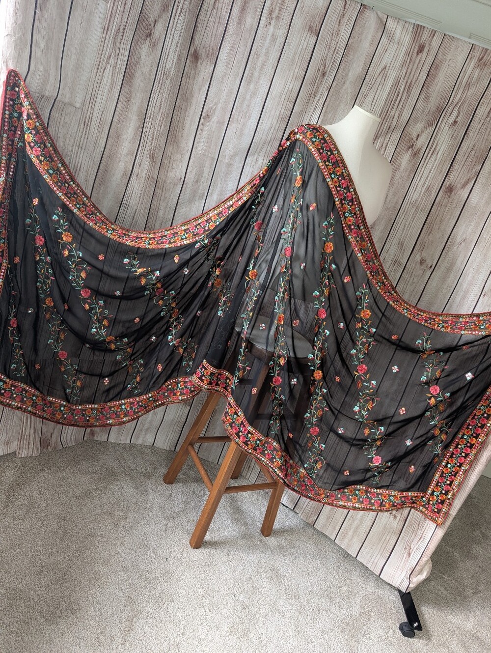 Embroidered Black Floral Dupatta Scarf